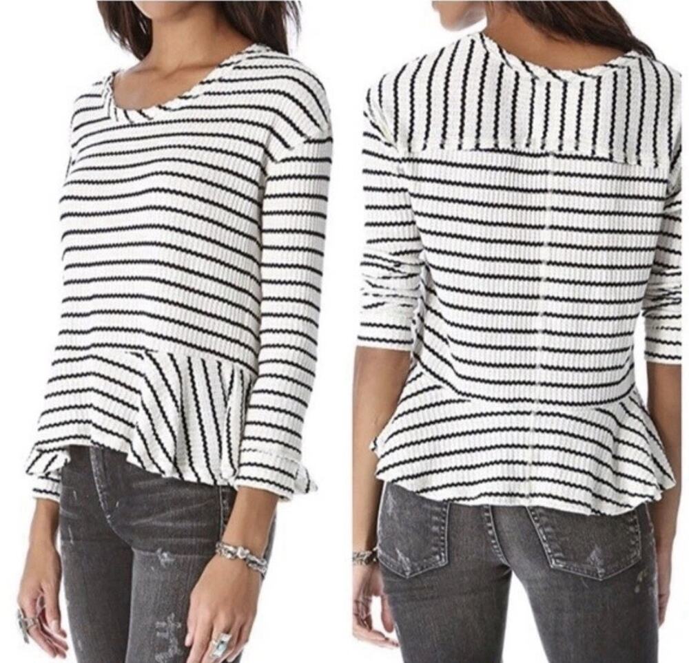 We The Free Auntie Em Thermal Top S/P Black White Boxy Peplum Raw Edge Coastal